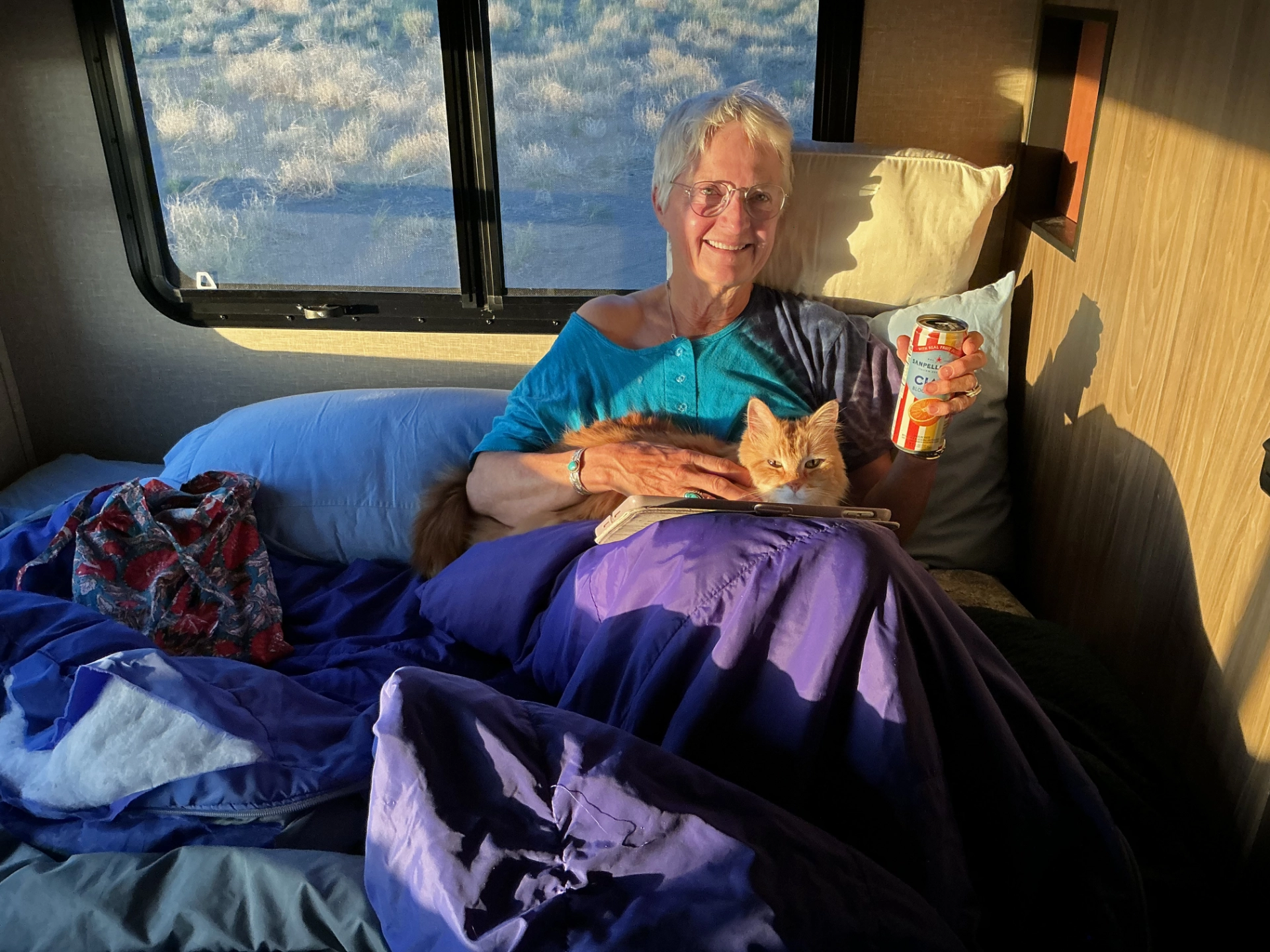 Madeleine and me cuddling in the camper