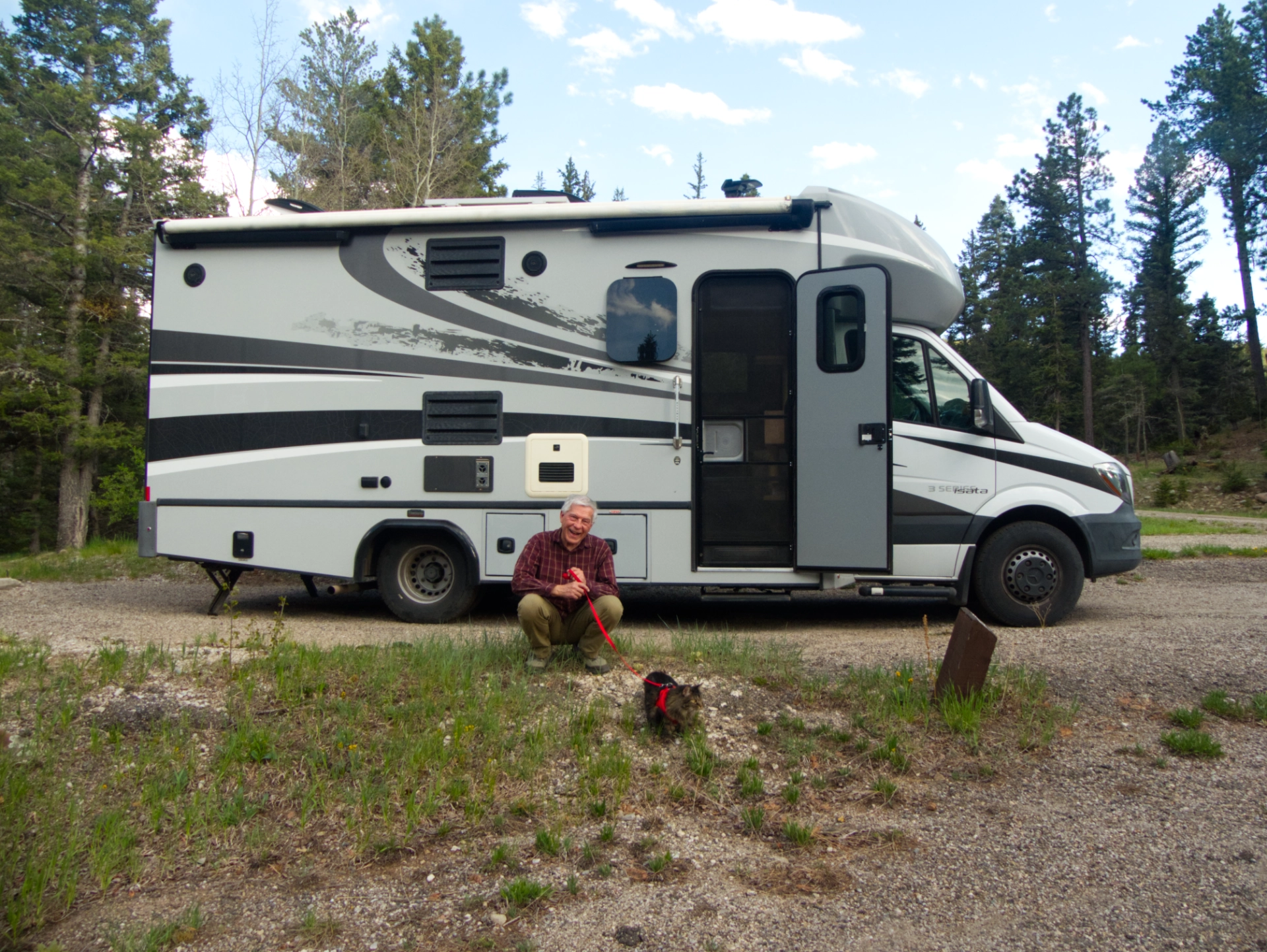 Elio on a leash near the RV is Agua Piedra Campground