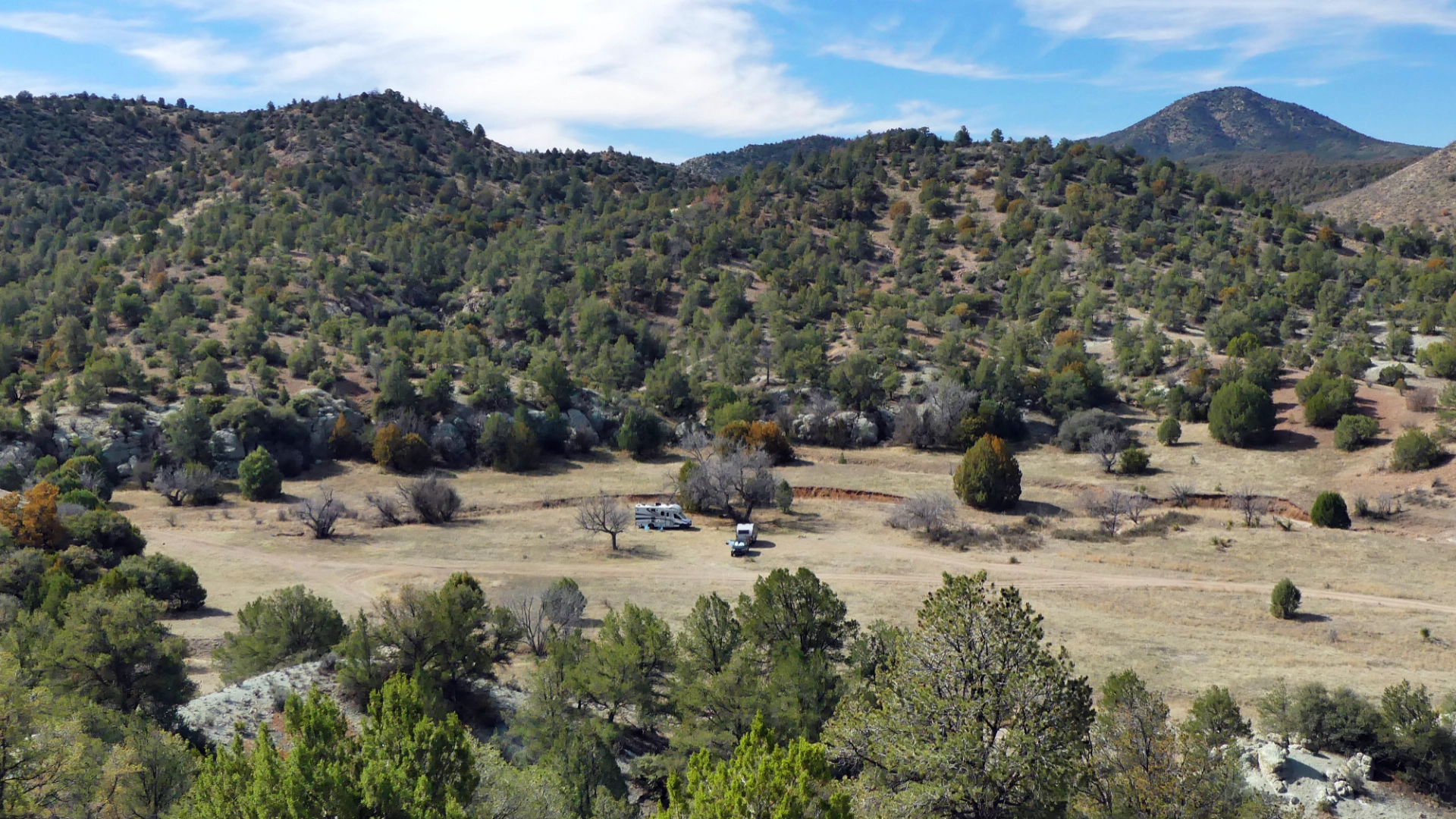 view of camp from a nearby ridge