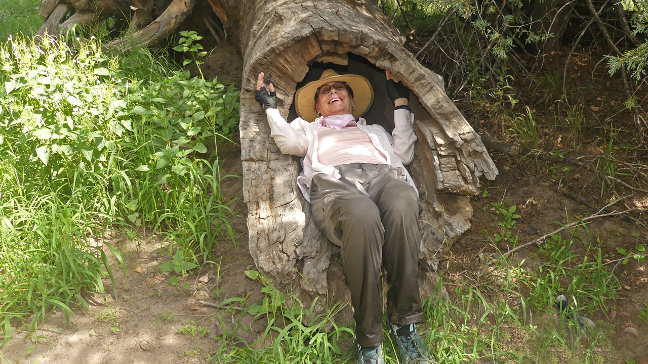 Kim in a hollowed-out tree