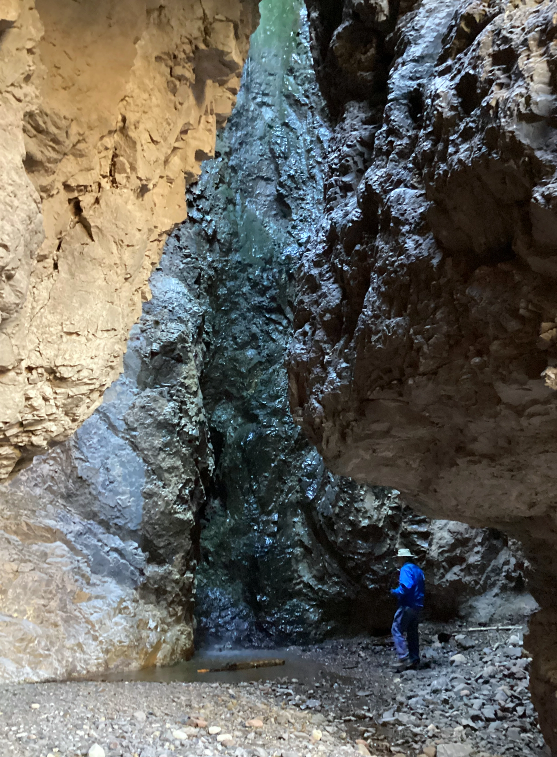 Dennis in the grotto lighting up the waterfall