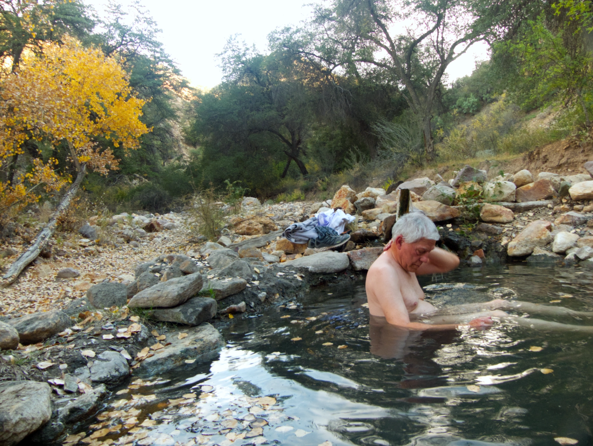 Dennis soaking in the hot spring