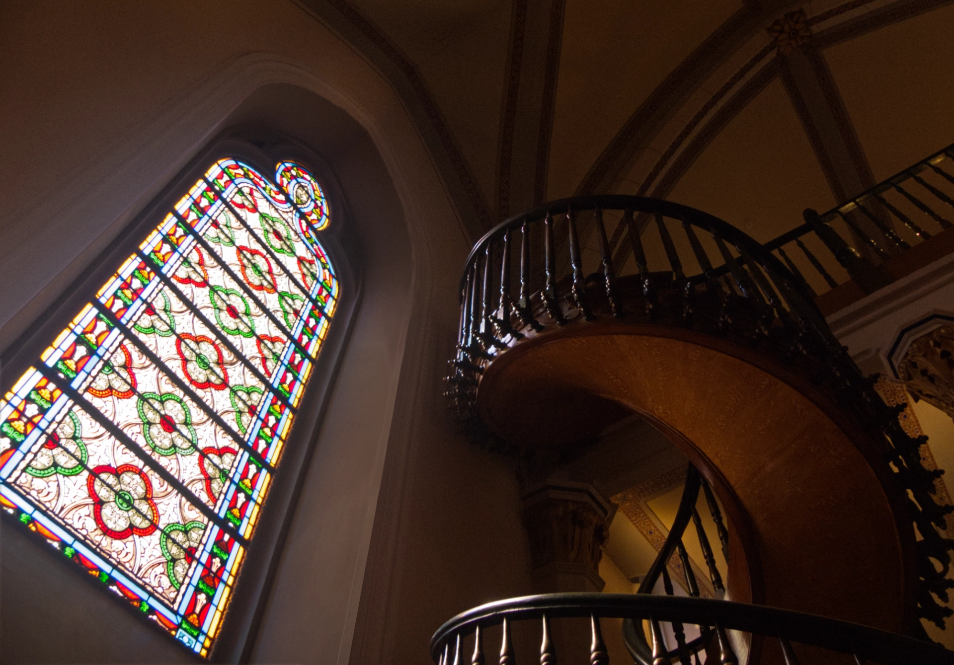 Staircase and stained glass at Loretto Chapel