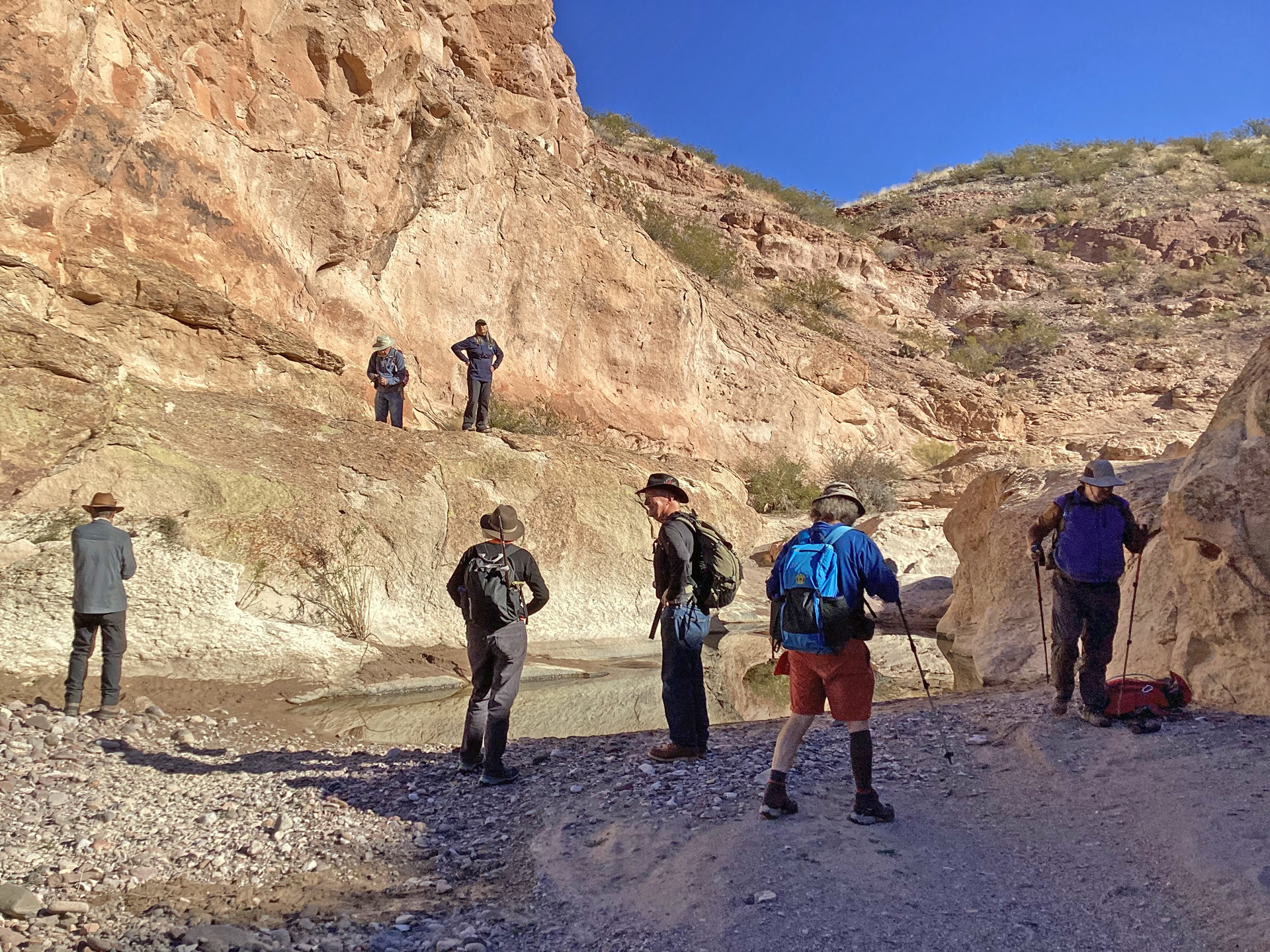 hikers debating the best route around a pond