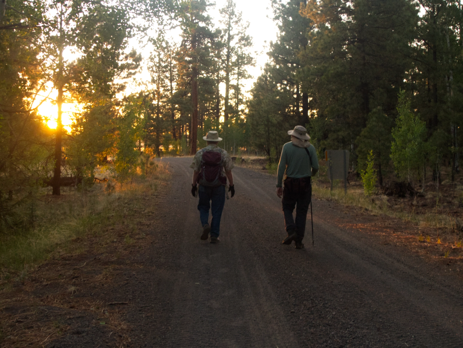 hiking back to camp at sunset